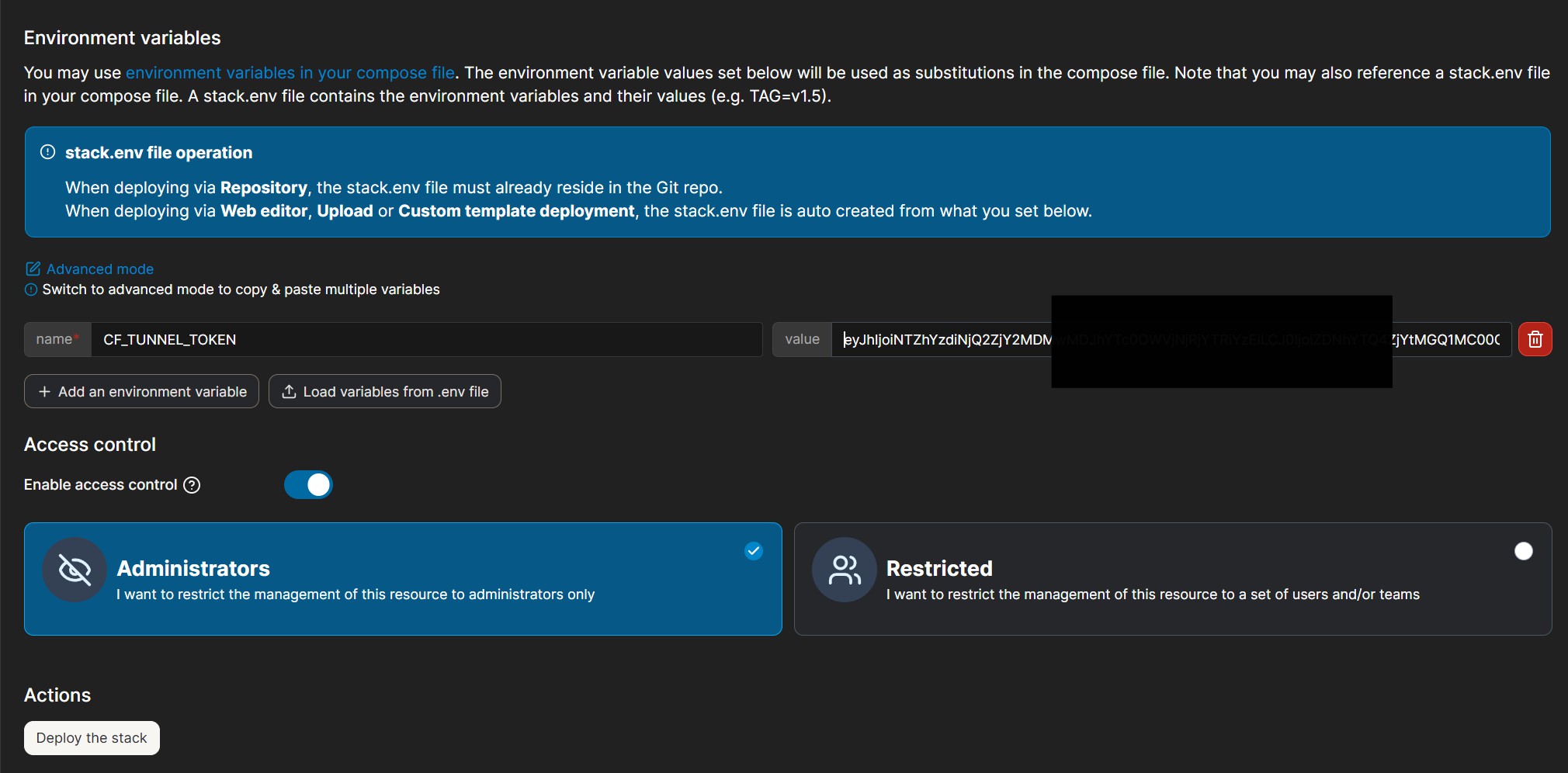 นำ Token ที่คัดลอกไว้ไปใส่ใน ตัวแปร CF_TUNNEL_TOKEN