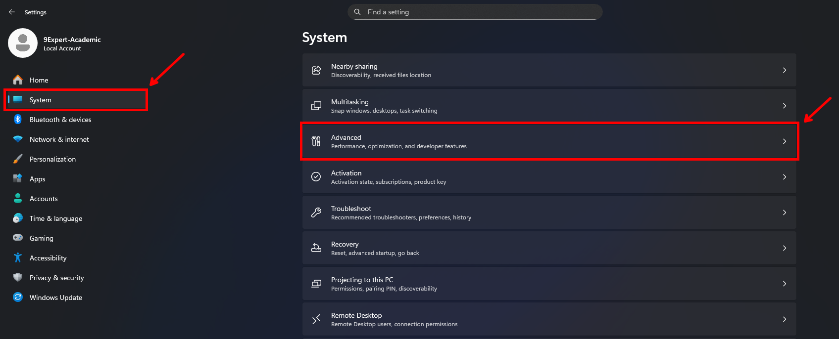 เข้าที่ System และเลือก Advanced