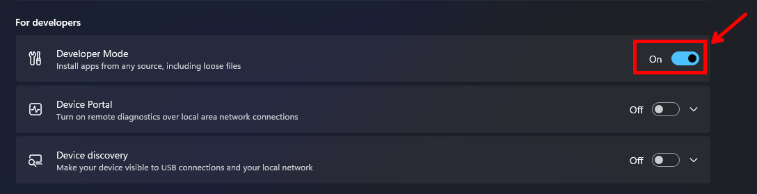 เลื่อนลงมาและเลือก Turn On ในคำสั่ง Developer Mode