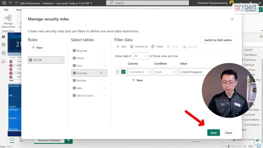 เลือก Table ที่ต้องการ และเลือกเงื่อนไขในการกรองข้อมูล (Filter Data) โดยการระบุค่า (Value) และ Column ที่ต้องการให้แสดงใน Role ที่สร้างได้ และกด  Save