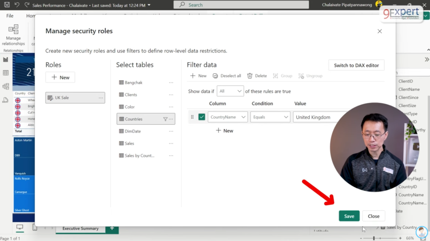 เลือก Table ที่ต้องการ และเลือกเงื่อนไขในการกรองข้อมูล (Filter Data) โดยการระบุค่า (Value) และ Column ที่ต้องการให้แสดงใน Role ที่สร้างได้ และกด  Save