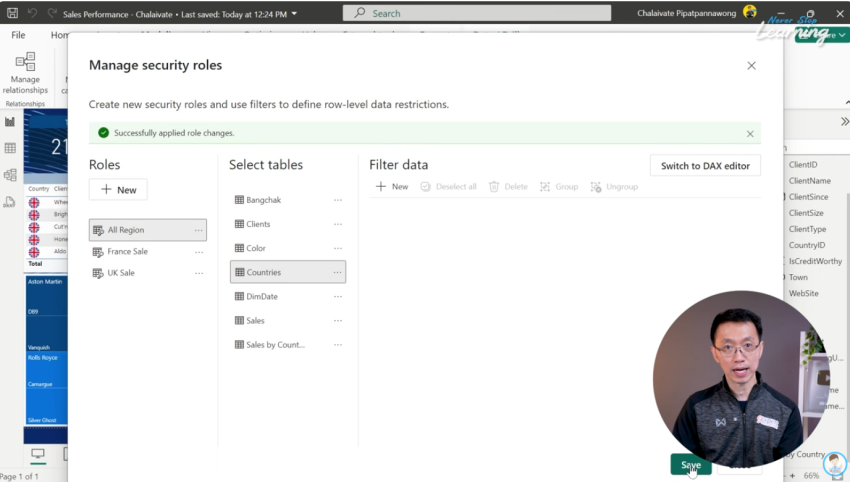 หากในกรณีที่ต้องการให้ Role นั้นเห็นข้อมูลใน Table ทั้งหมด สามารถเลือกแค่ Table โดยไม่ต้องระบุการกรองข้อมูล